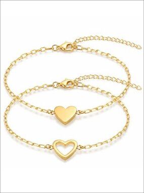 14K Gold Plated Stainless Steel Heart Bracelet Set Adjustable Matching
